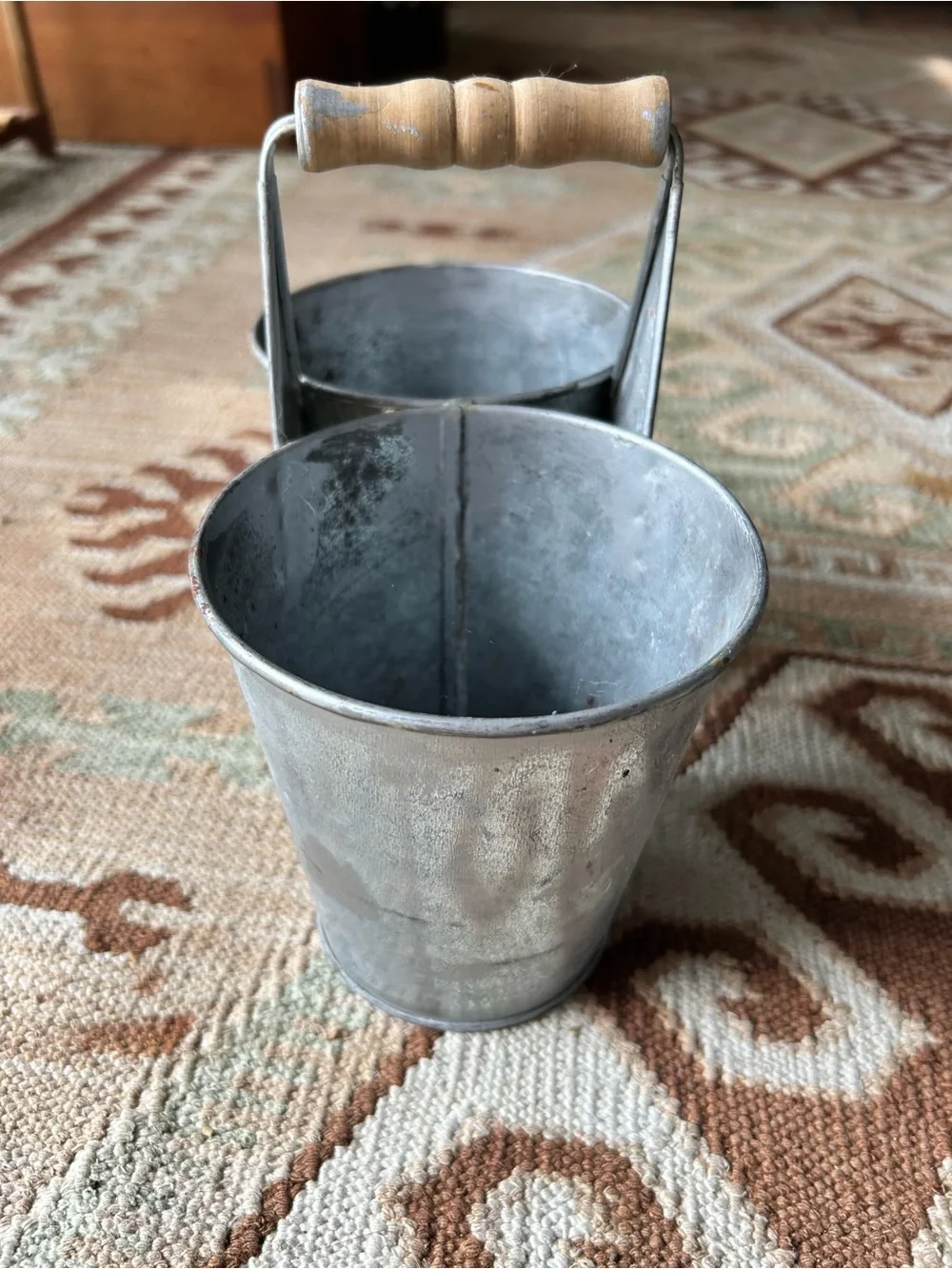 Vintage Galvanized Double Bucket Caddy with Wooden Handle - Silver